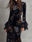 Velvet floral midnight FJØRNA evening dress featuring long sleeves and a fitted silhouette, perfect for elegant occasions.