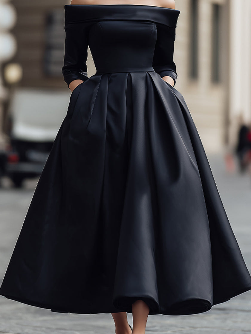FJØRNA elegant off-shoulder satin midi dress with a fitted bodice and flowing skirt, perfect for formal occasions.