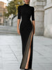 FJØRNA high-neck metallic thread knit slit maxi dress featuring a sleek design and shimmering fabric, perfect for elegant occasions.