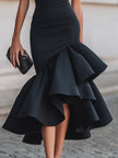 FJØRNA women's asymmetric ruffle hem midi dress with high neck and short sleeves, elegant and stylish for special occasions.