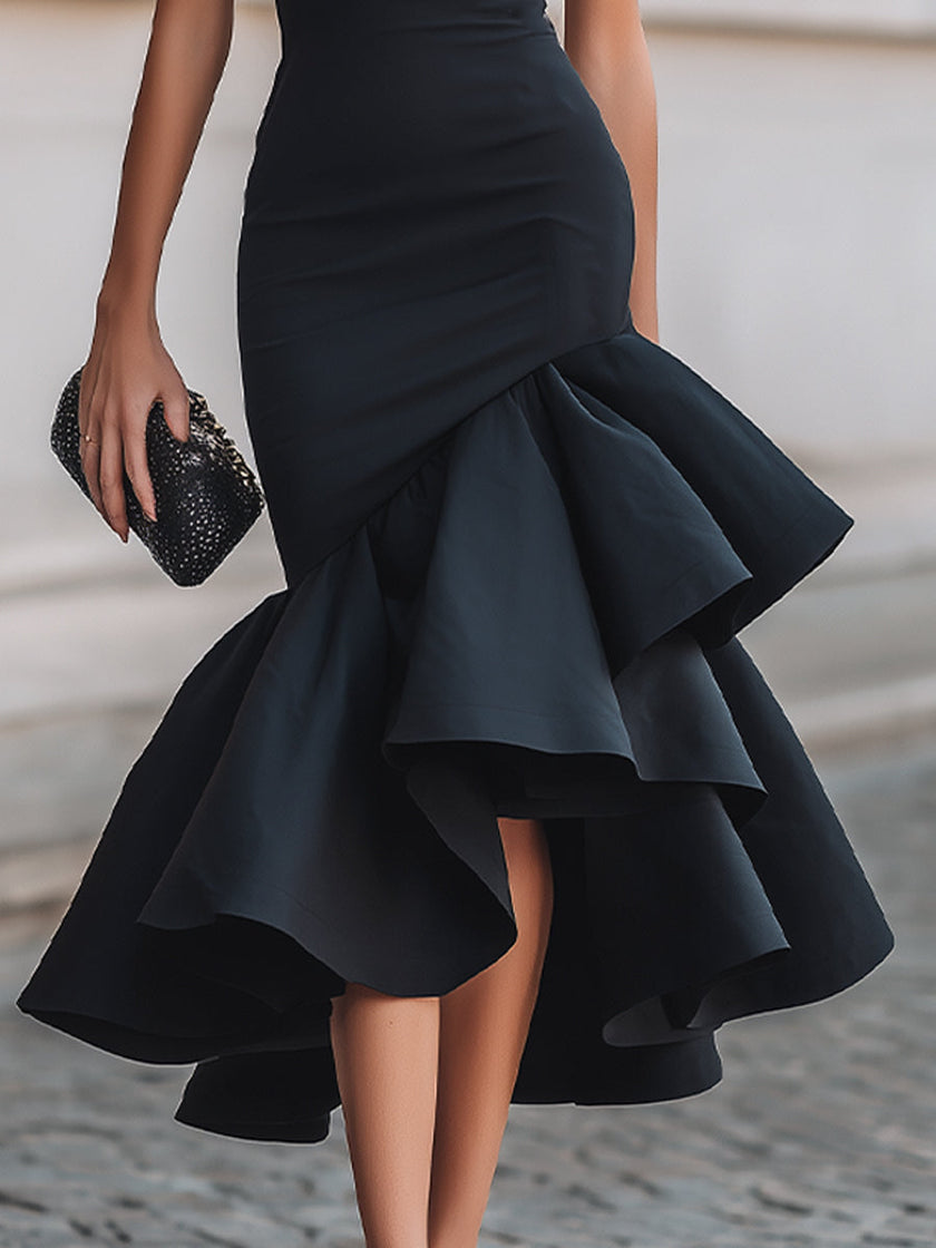 FJØRNA women's asymmetric ruffle hem midi dress with high neck and short sleeves, elegant and stylish for special occasions.