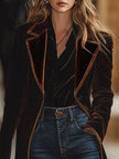 Brown velvet colour-block lapel coat with pockets by FJØRNA, featuring a stylish design and classic lapel collar.
