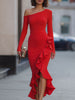 Red FJØRNA one-shoulder long-sleeve mermaid midi dress displayed on a model, emphasizing its fitted silhouette and elegant design.