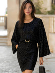 FJØRNA sequin knit bell-sleeve belted bodycon dress for women, featuring sparkly fabric and stylish bell sleeves.