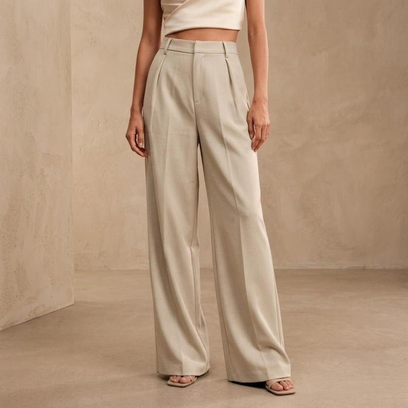 FJØRNA women's high waist wide leg trousers with pleats, stylish and comfortable pants for a modern look.