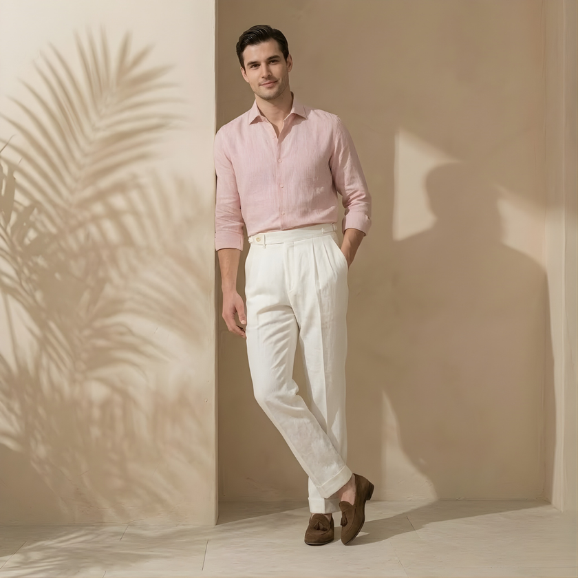 FJØRNA men's linen straight leg trousers with high waist and pleats, stylish and comfortable pants for casual or formal wear