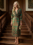 FJØRNA women's summer midi dress with long sleeves, wrap style, flowy fabric, perfect for warm weather and casual occasions.