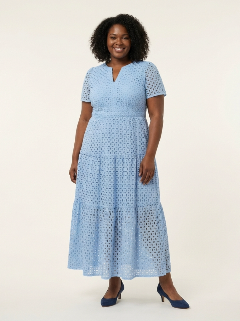FJØRNA women's summer midi dress with short sleeves, wrap design, flowy fit, and tailored style for warm weather wear.