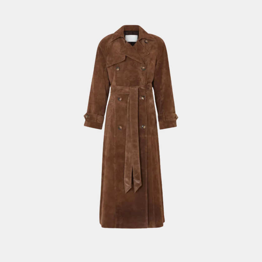 Belted Long Coat Suede Brown