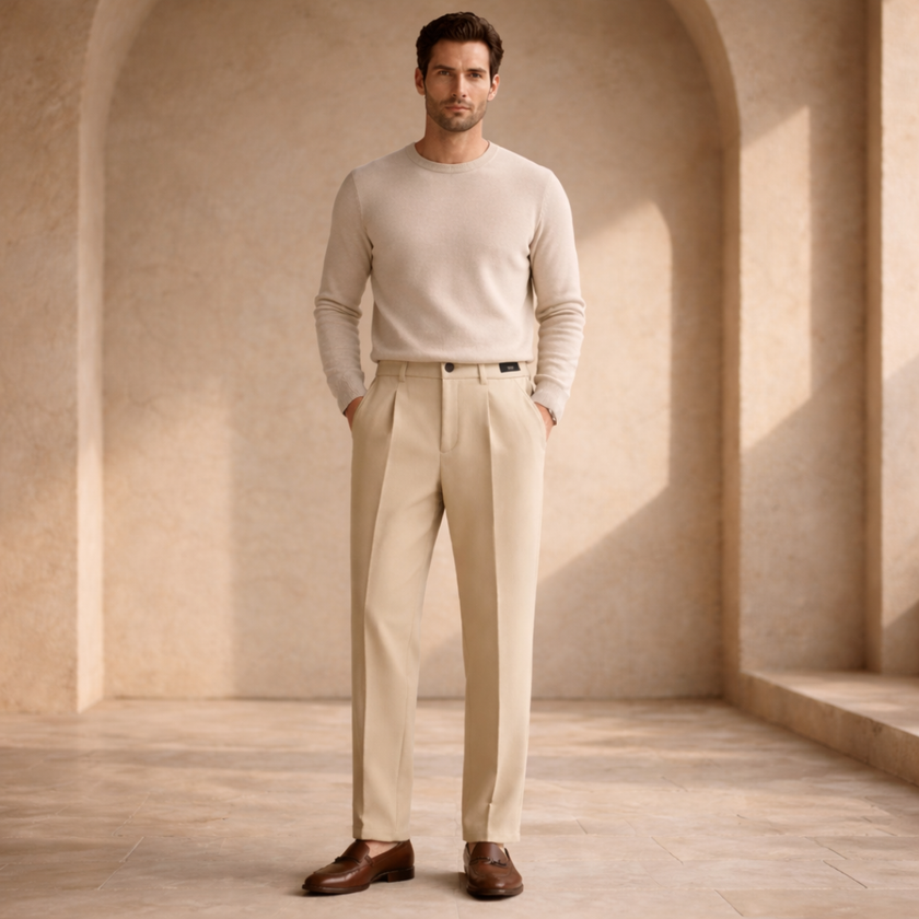 Men’s FJØRNA smart casual trousers with tailored fit and stretch fabric, showing the sleek, modern design and classic waistband.