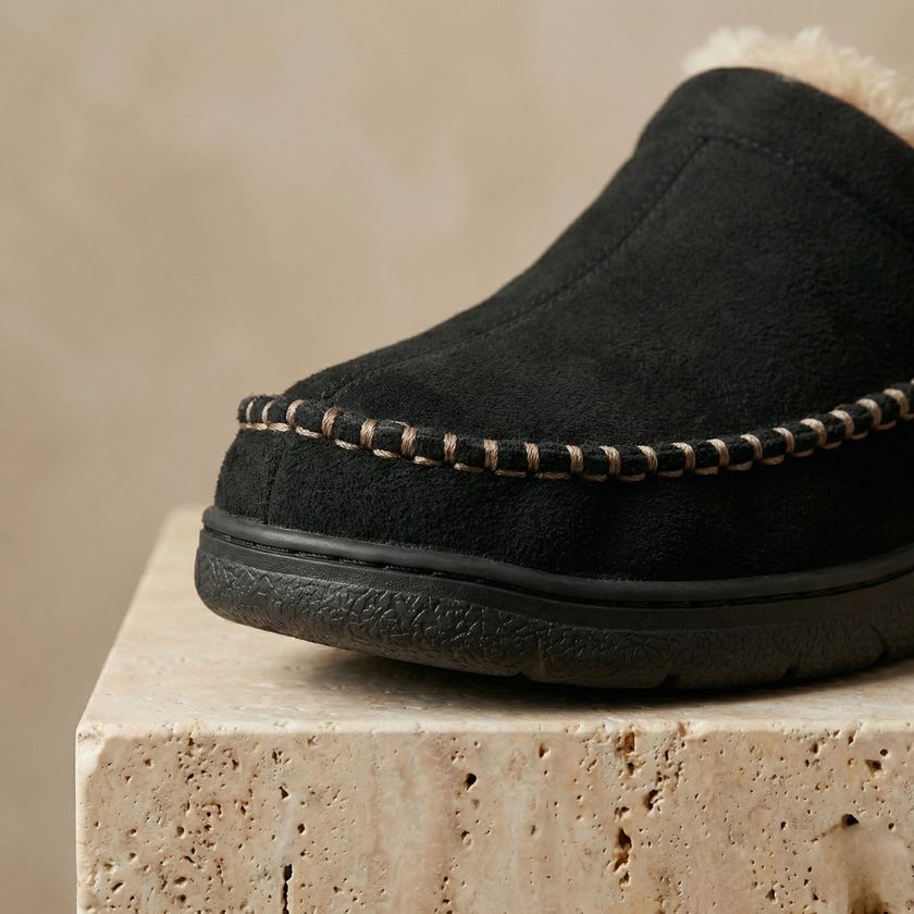 FJØRNA men's slip-on slippers showing soft fabric upper and comfortable sole, casual indoor footwear for men.