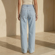 Women’s high waisted wide leg denim jeans by FJØRNA, showcasing the stylish fit and classic denim fabric.