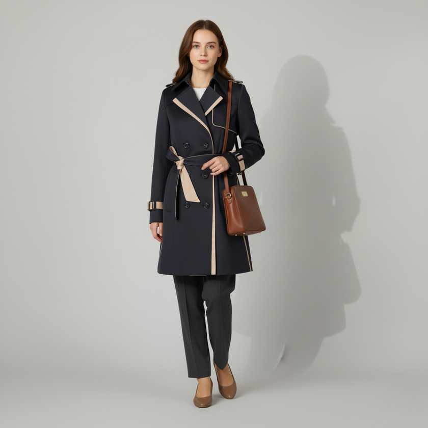 Women's Double-Breasted Trench Coat with Belt and Cuff Straps – Classic Stylish Outerwear for Transitional Seasons