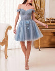 Sky blue tulle cocktail dress for women with off-shoulder floral embroidery, by FJØRNA.