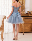Sky blue tulle cocktail dress for women with off-shoulder design and floral embroidery by FJØRNA.