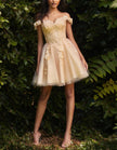 Sky blue FJØRNA off-shoulder cocktail dress with floral embroidery and tulle fabric, designed for elegant women’s events.