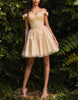 Sky blue FJØRNA off-shoulder cocktail dress with floral embroidery and tulle fabric, designed for elegant women’s events.
