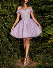 Sky blue FJØRNA off-shoulder tulle cocktail dress with floral embroidery, perfect for elegant women’s evening occasions.