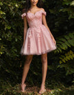 Sky blue off-shoulder tulle cocktail dress with floral embroidery for women by FJØRNA, featuring elegant design and delicate fabric.