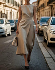 FJØRNA women's midi dress with round neck, pleated sleeveless design, elegant and stylish for casual or formal occasions