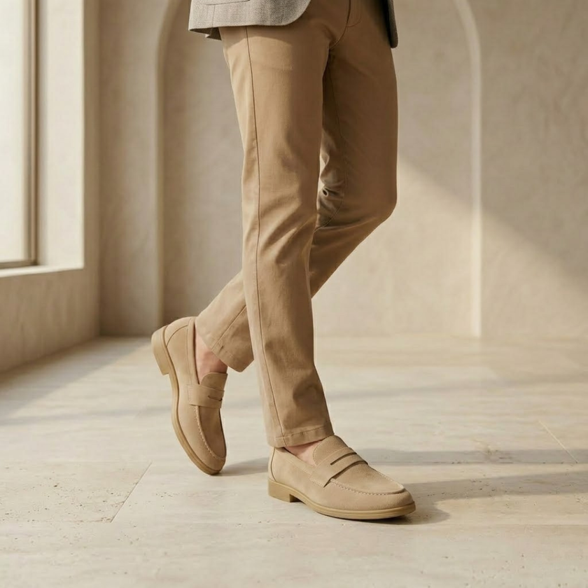 FJØRNA men's suede slip-on loafers with breathable design and sleek style, shown in a close-up view of the shoes.