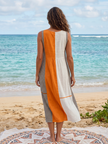 FJØRNA women's summer midi dress with sleeveless design and navy and white striped pattern, perfect for warm weather.
