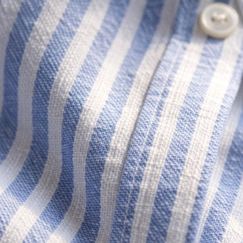 Relaxed fit striped men's button-down shirt from FJØRNA, displayed on a hanger against a plain background.