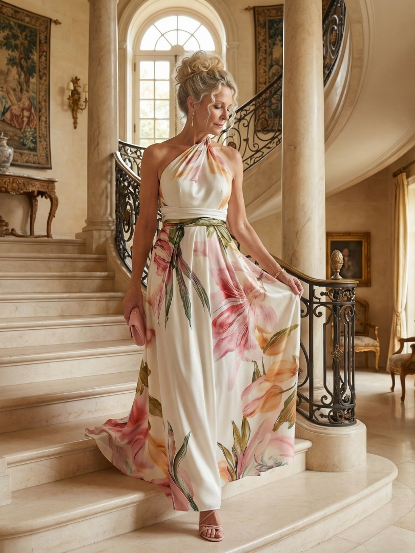 FJØRNA women's summer maxi dress with floral pattern, halter neck, sleeveless, relaxed fit, perfect for warm weather.