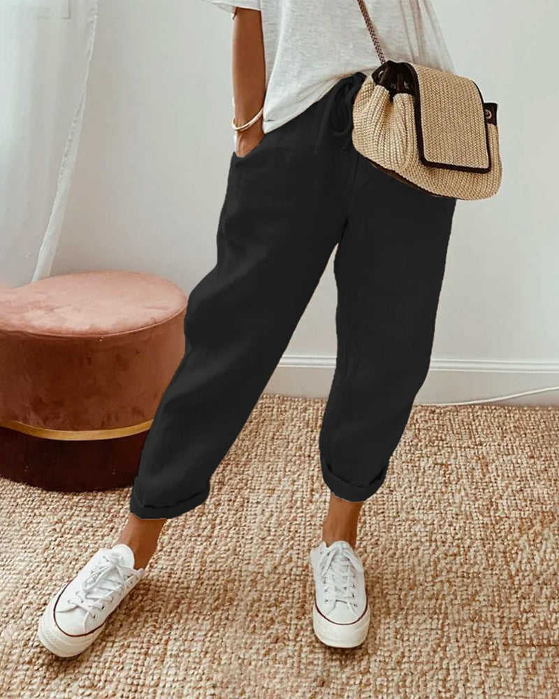 FJØRNA lightweight summer women's trousers with high waist, straight leg design and front pockets, casual and comfortable style