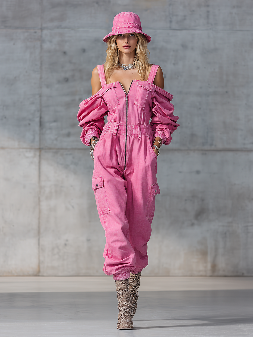 Pink denim strappy tapered long sleeve jumpsuit by FJØRNA with fitted design and stylish details.