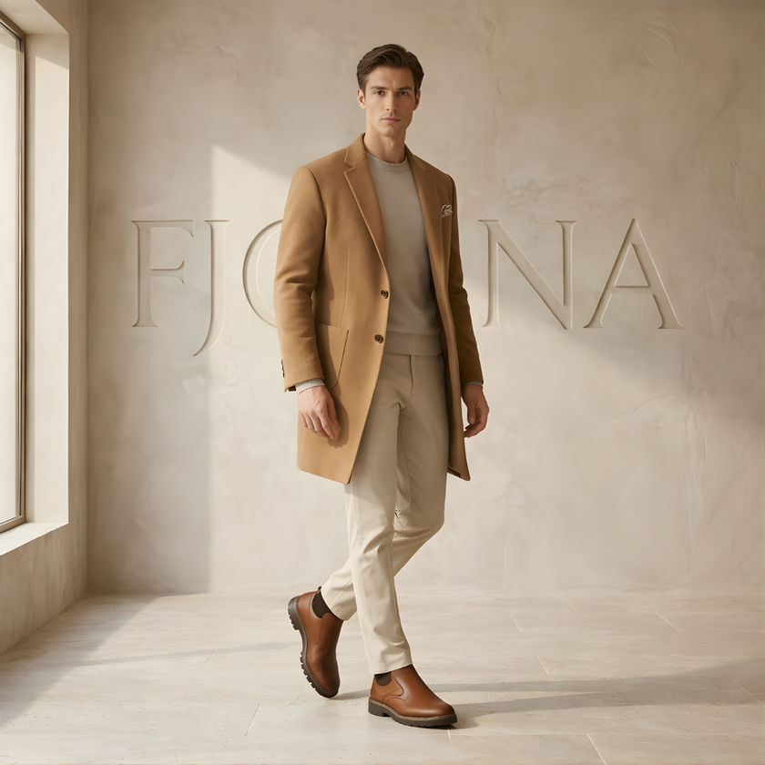 FJØRNA men's leather Chelsea boots with elastic side panels and sleek design, stylish footwear for casual or formal wear.