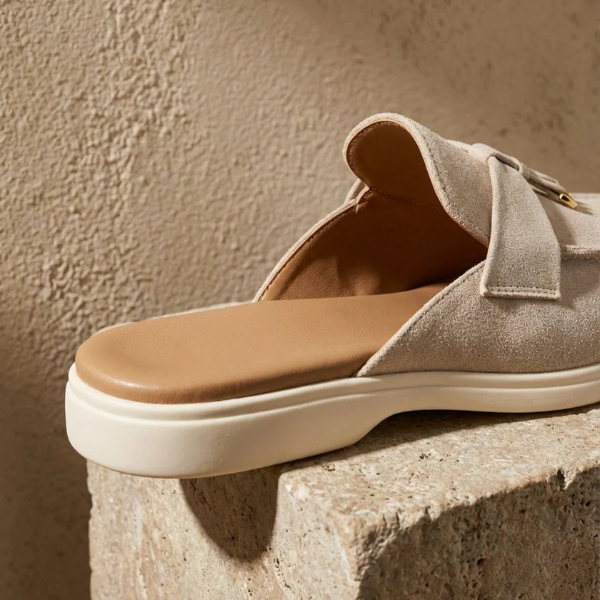 FJØRNA red sheepskin slip-on sandals for women, stylish and comfortable shoes with plush sheepskin material.