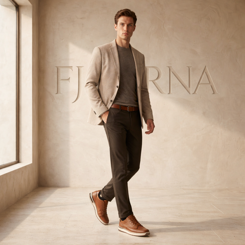 Men's FJØRNA trainers showing stylish athletic shoes with white soles and dark upper material, perfect for casual sportswear.
