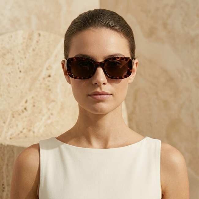 FJØRNA retro rectangular unisex sunglasses with black frames and dark lenses, stylish accessories for women and men.