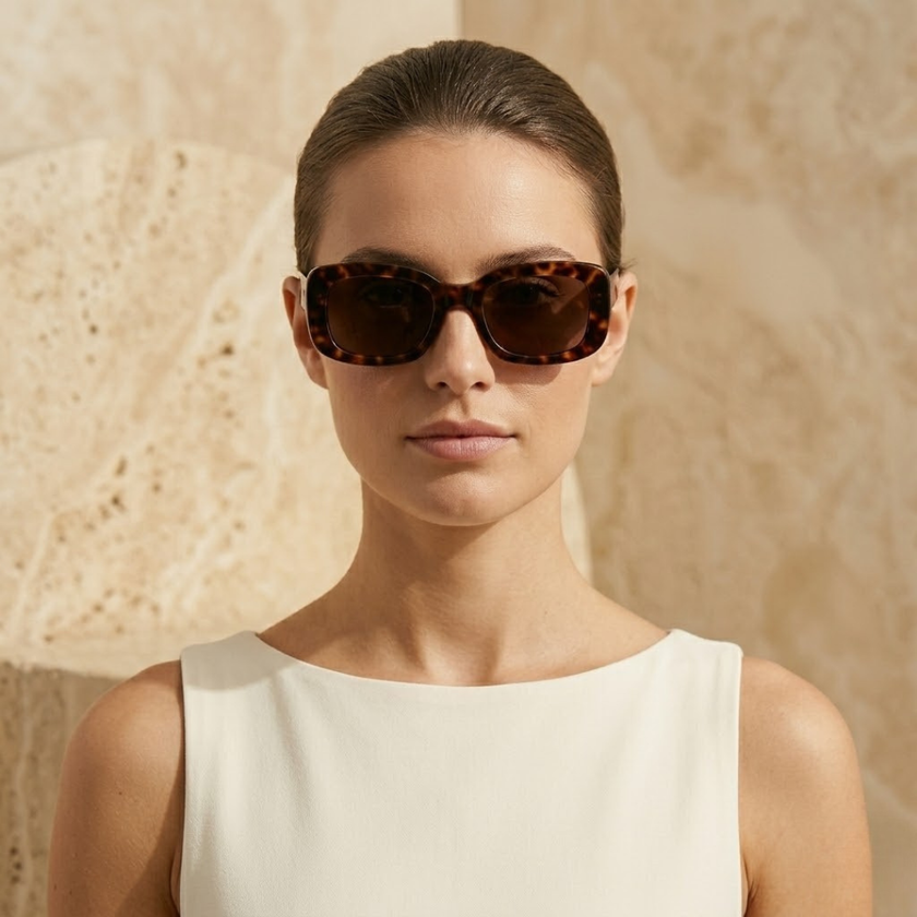 FJØRNA retro rectangular unisex sunglasses with black frames and dark lenses, stylish accessories for women and men.