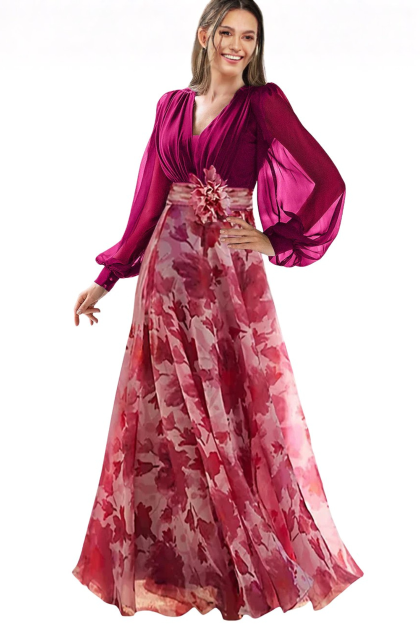 FJØRNA floral print maxi wedding guest dress with V-neck, balloon sleeves, and a flowing silhouette, perfect for elegant occasions.