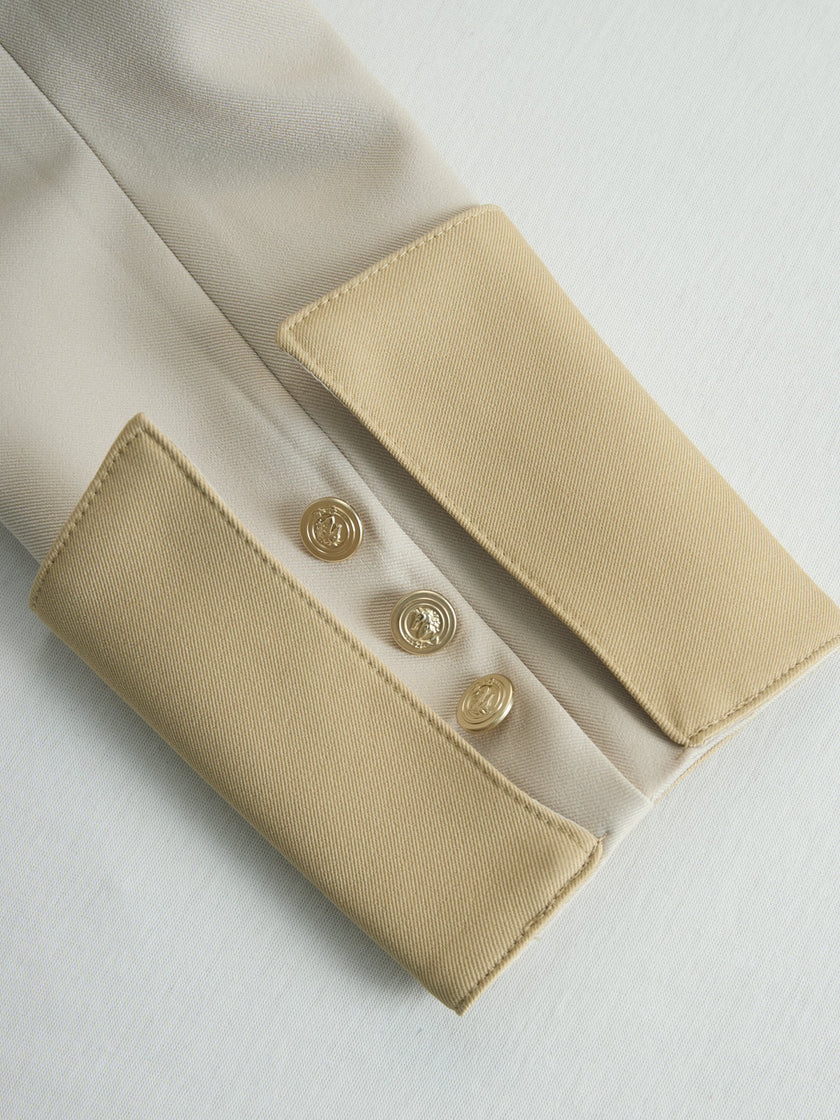 FJØRNA khaki belted waist two-piece trouser set with tailored pants and matching top, styled for a chic, casual look.