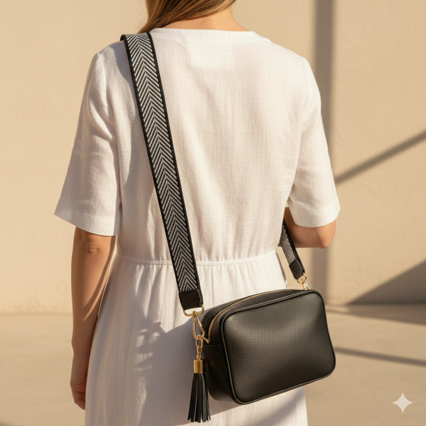 FJØRNA genuine leather chevron strap crossbody bag for women with a sleek design and adjustable strap.
