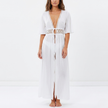 Women's FJØRNA tie waist cover-up maxi dress with breathable woven fabric, featuring a relaxed fit and elegant design.