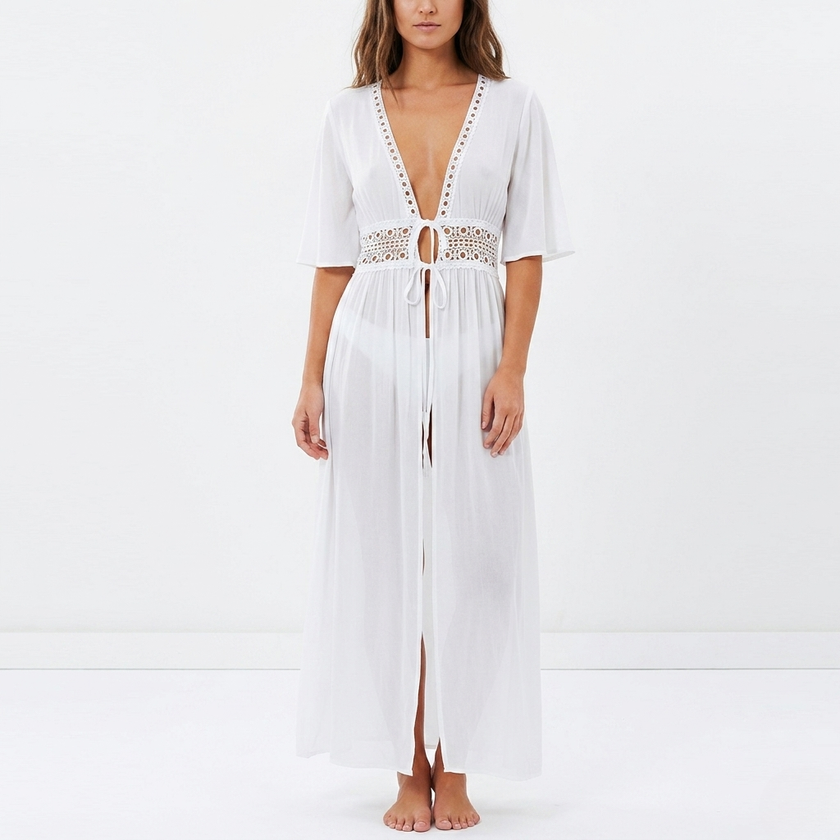 Women's FJØRNA tie waist cover-up maxi dress with breathable woven fabric, featuring a relaxed fit and elegant design.