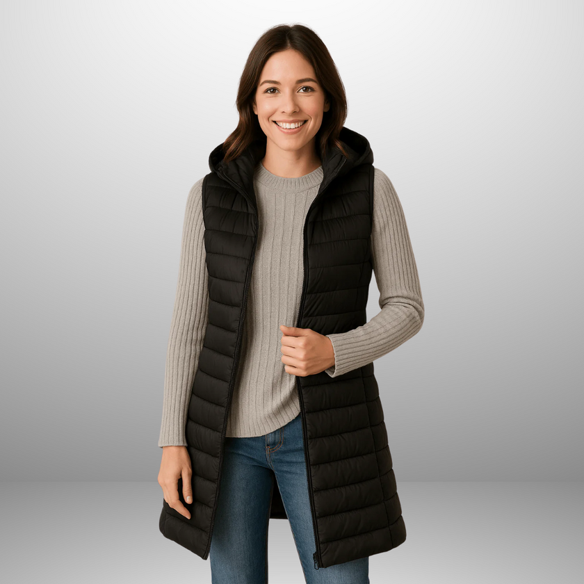 Amalie – Long Hooded Puffer Vest for Women in Modern Fit