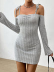 FJØRNA white shoulder tie-strap mini dress with a chic, cozy design, featuring a fitted bodice and stylish mini length.