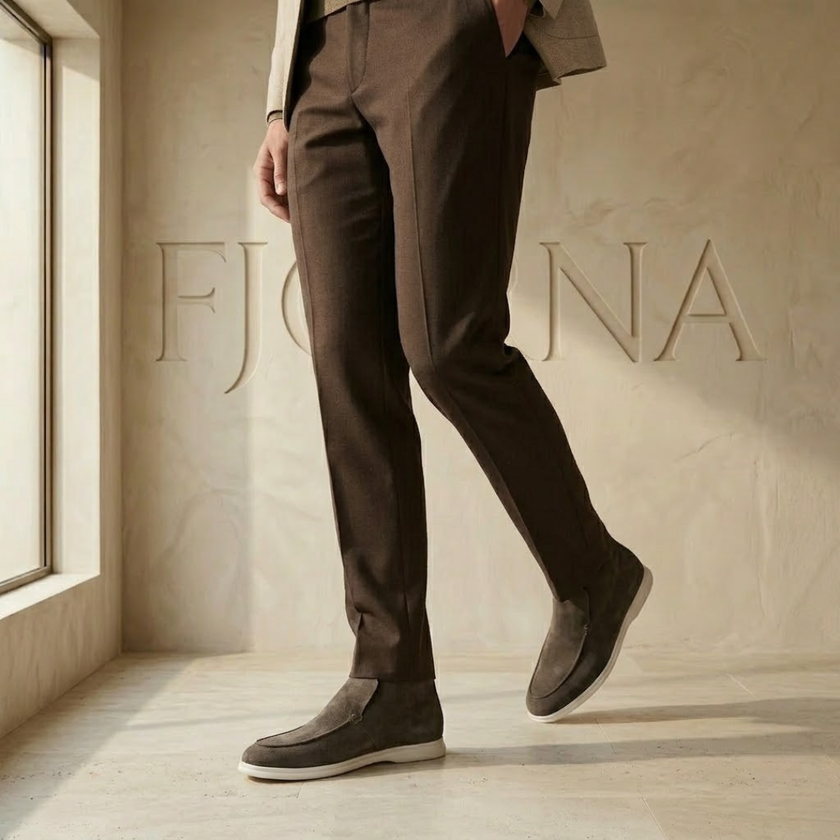 Men's suede loafers slip-on shoes by FJØRNA, featuring a sleek smart casual design with a classic loafer style.