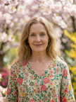 FJØRNA women's summer midi dress with floral print, long sleeves, and wrap design for a relaxed, stylish look.