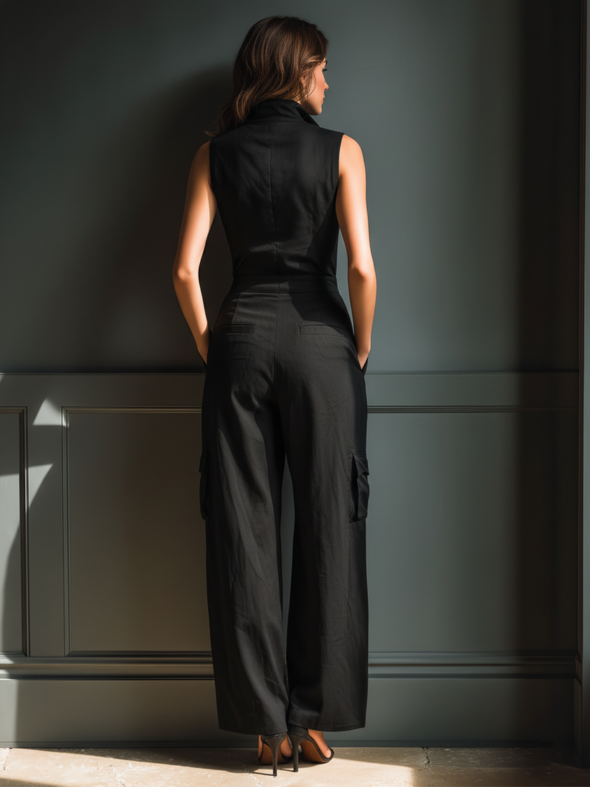FJØRNA cotton-linen sleeveless jumpsuit for women featuring a collared neckline, cargo pockets, and wide-leg pants.