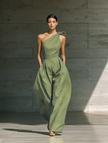 FJØRNA women's cotton-linen one-shoulder jumpsuit with tie waist and wide-leg pants, stylish and comfortable for casual wear