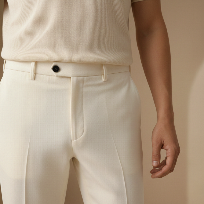 FJØRNA men's relaxed fit straight leg trousers, navy blue, with front pockets and tailored waistband, shown on a model.