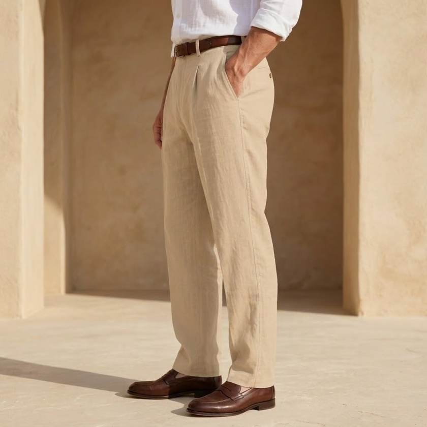FJØRNA men's linen straight-leg trousers with pleats, lightweight and tailored for a modern, casual look.