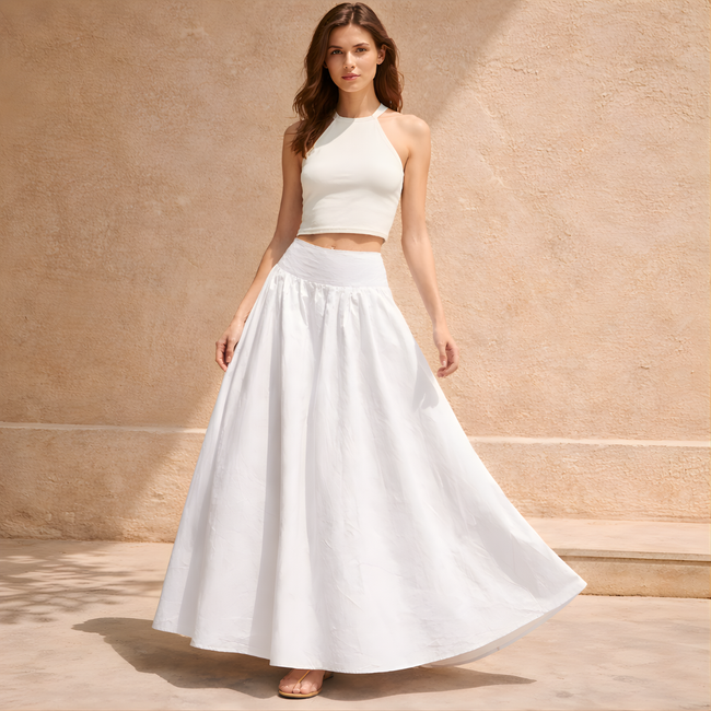 FJØRNA women's high waist maxi skirt with a relaxed fit, flowing fabric, and elegant design for casual or dressy occasions.