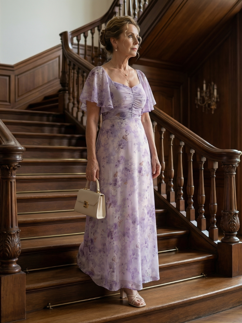 FJØRNA women's summer midi dress with floral pattern, square neckline, and flutter sleeves on a model outdoors.